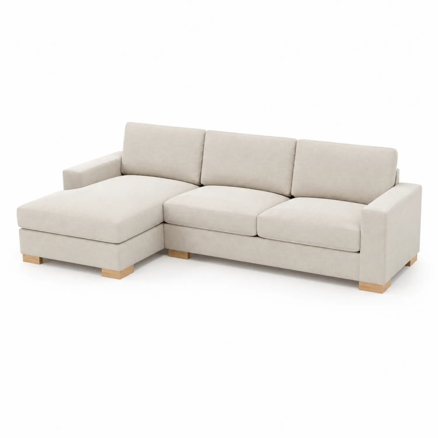 Divano angolare in tessuto beige con struttura in legno