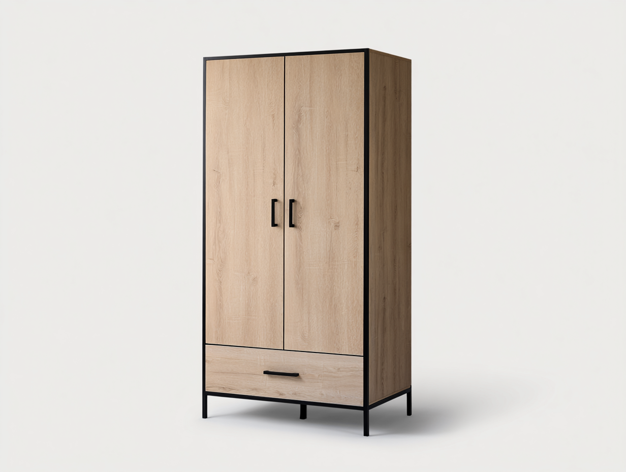 Armadio a 2 ante - legno ingegnerizzato-metallo - 98 x 51 x 187 cm - naturale-nero - stile industriale-Niriajahaus