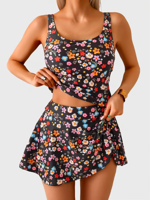 ☀️🌊Zweiteiliger Damen-Badeanzug mit Bauchkontrolle – High-Waist-Tanktop und Badeskirt
