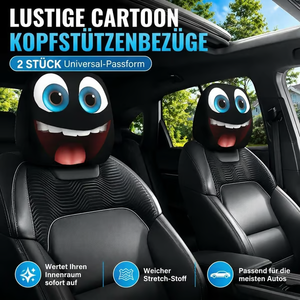 😆 Lustige Auto-Kopfstützenbezüge im Cartoon-Stil – 2 Stück, universelle Passform 🚗
