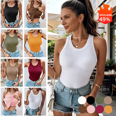 ✨Weich und bequem🔥Chicme Tanktop mit Rundhalsausschnitt, integriertem BH, gerippte Passform, lässig, bequem