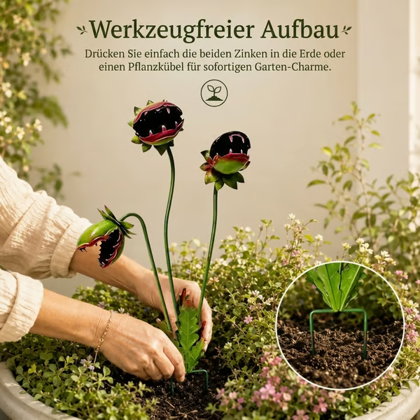 Verspielter Gartenstecker aus Metall in Form einer fleischfressenden Pflanze