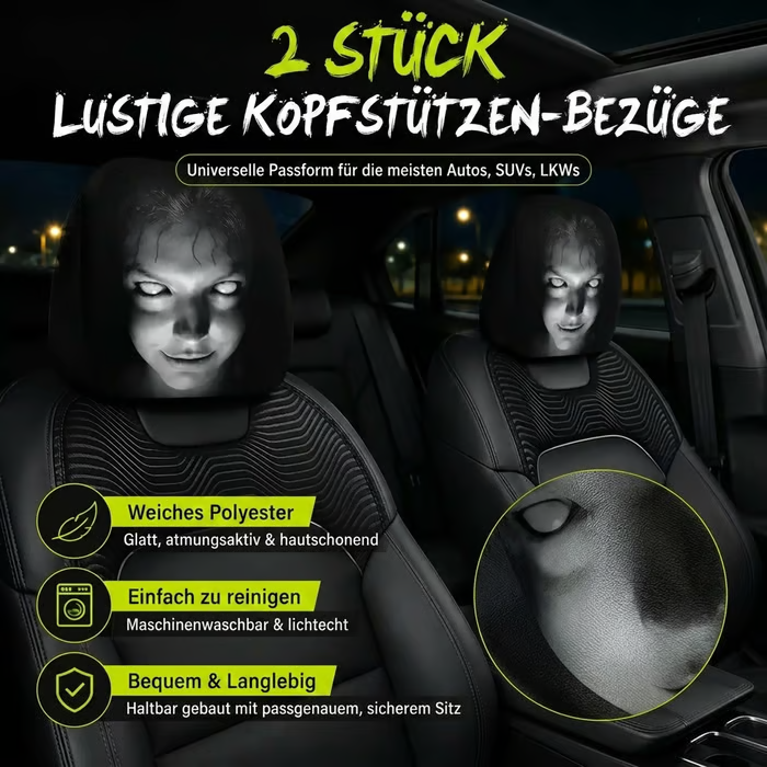 😆 Lustige Auto-Kopfstützenbezüge im Cartoon-Stil – 2 Stück, universelle Passform 🚗