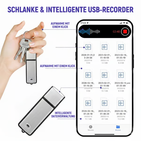 USB-Stick Sprachrekorder 2-in-1 – Sprachaktiviert, Intelligente Geräuschunterdrückung, Automatische Dateispeicherung