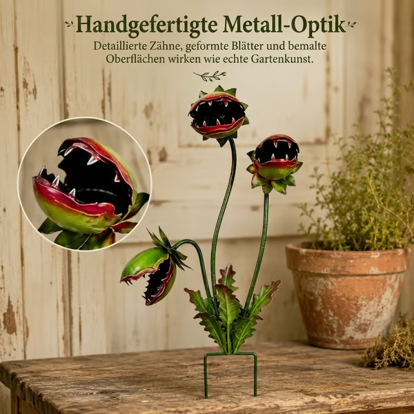 Verspielter Gartenstecker aus Metall in Form einer fleischfressenden Pflanze