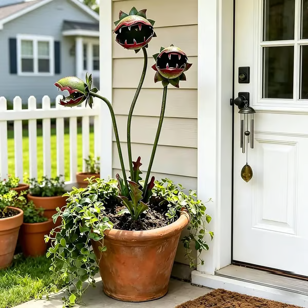 Verspielter Gartenstecker aus Metall in Form einer fleischfressenden Pflanze