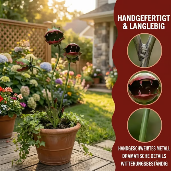Verspielter Gartenstecker aus Metall in Form einer fleischfressenden Pflanze