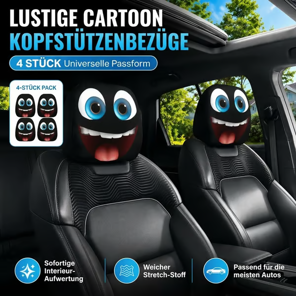 😆 Lustige Auto-Kopfstützenbezüge im Cartoon-Stil – 2 Stück, universelle Passform 🚗