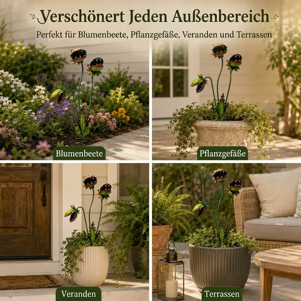 Verspielter Gartenstecker aus Metall in Form einer fleischfressenden Pflanze