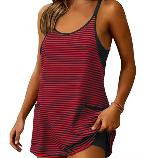 🌴Sportliches Damen-Minikleid für den Sommer – Ärmellos, V-Ausschnitt, integrierte Shorts – Gestreift – Für Tennis, Workout & Urlaub