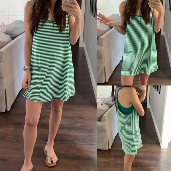 🌴Sportliches Damen-Minikleid für den Sommer – Ärmellos, V-Ausschnitt, integrierte Shorts – Gestreift – Für Tennis, Workout & Urlaub