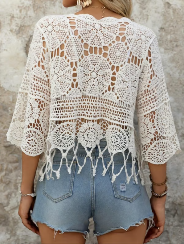 Damen‑Überbluse im Boho‑Stil mit Fransenbesatz und Lochmuster‑Design