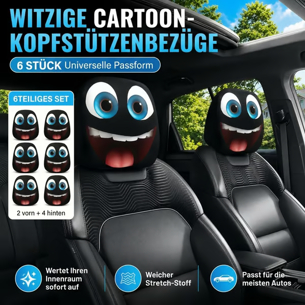 😆 Lustige Auto-Kopfstützenbezüge im Cartoon-Stil – 2 Stück, universelle Passform 🚗
