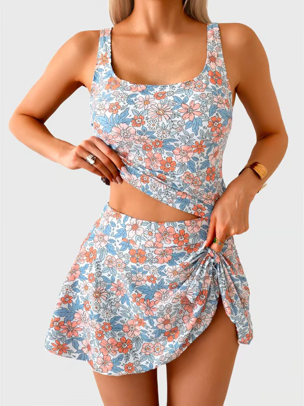 ☀️🌊Zweiteiliger Damen-Badeanzug mit Bauchkontrolle – High-Waist-Tanktop und Badeskirt