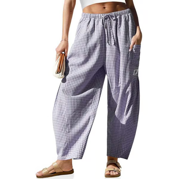 👖Damenhose in Karo- und Streifenmuster mit lockerem Barrel-Schnitt, Tunnelzug, niedriger Taille, Taschen und weiter Harem-Form