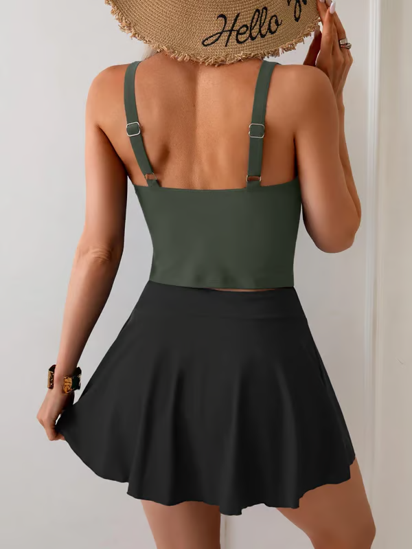 ☀️🌊Zweiteiliger Damen-Badeanzug mit Bauchkontrolle – High-Waist-Tanktop und Badeskirt
