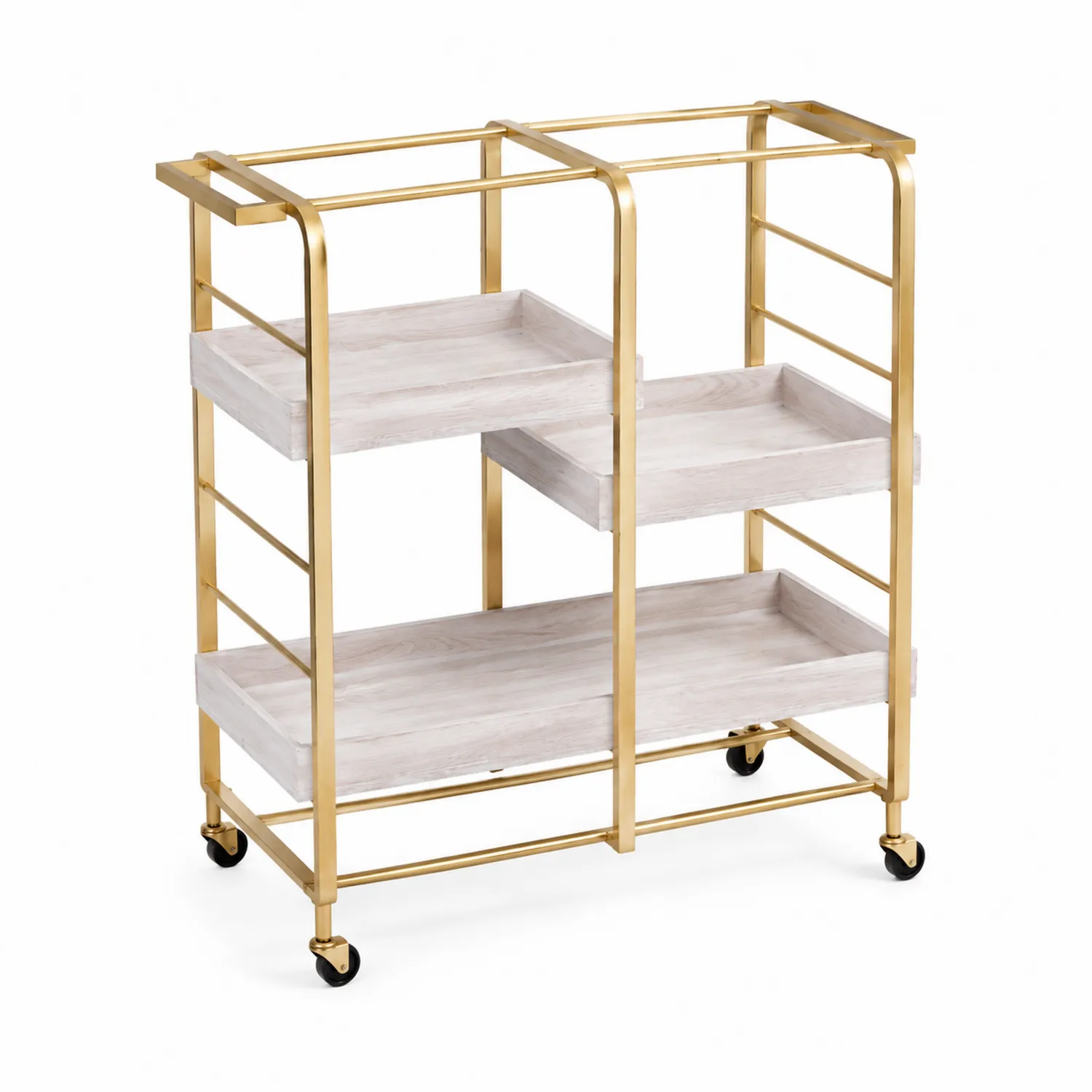 Barwagen Gold Metall mit 3 MDF-Ebenen auf Rollen-Classicvillaa