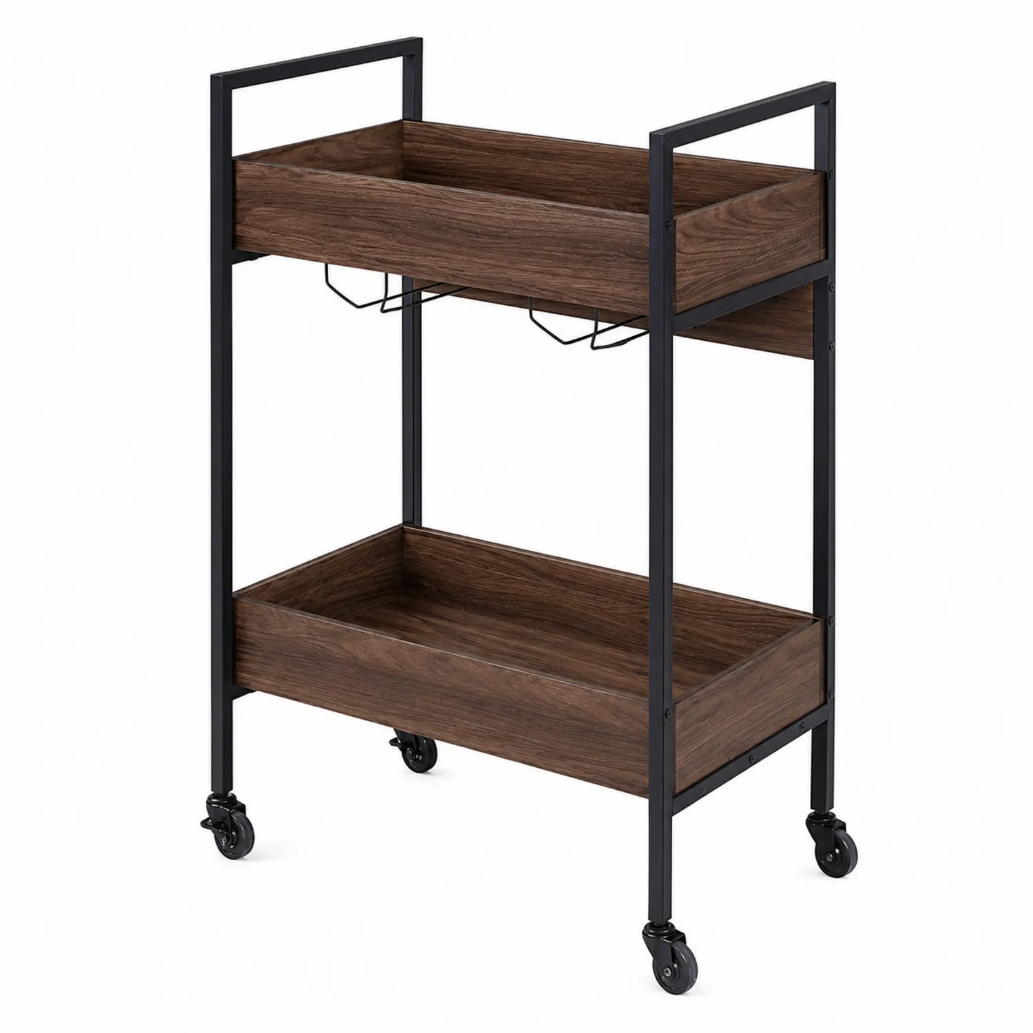 Metall-Servierwagen mit Holzfurnier 2 Ebenen Schwarz/Braun mit Rollen-Classicvillaa