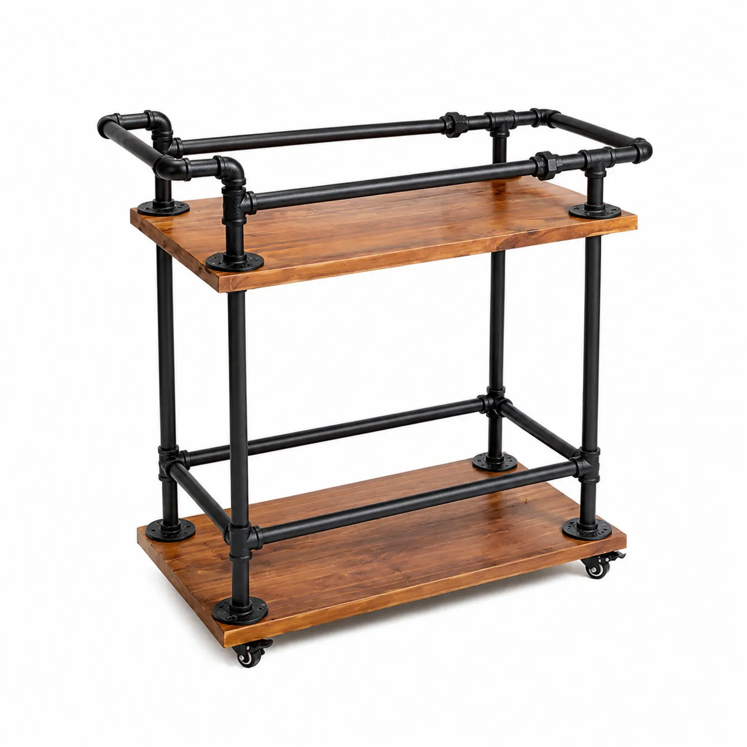 Barwagen Industriestil Stahlrahmen Holzregale Schwarz 80x40x85cm-Classicvillaa