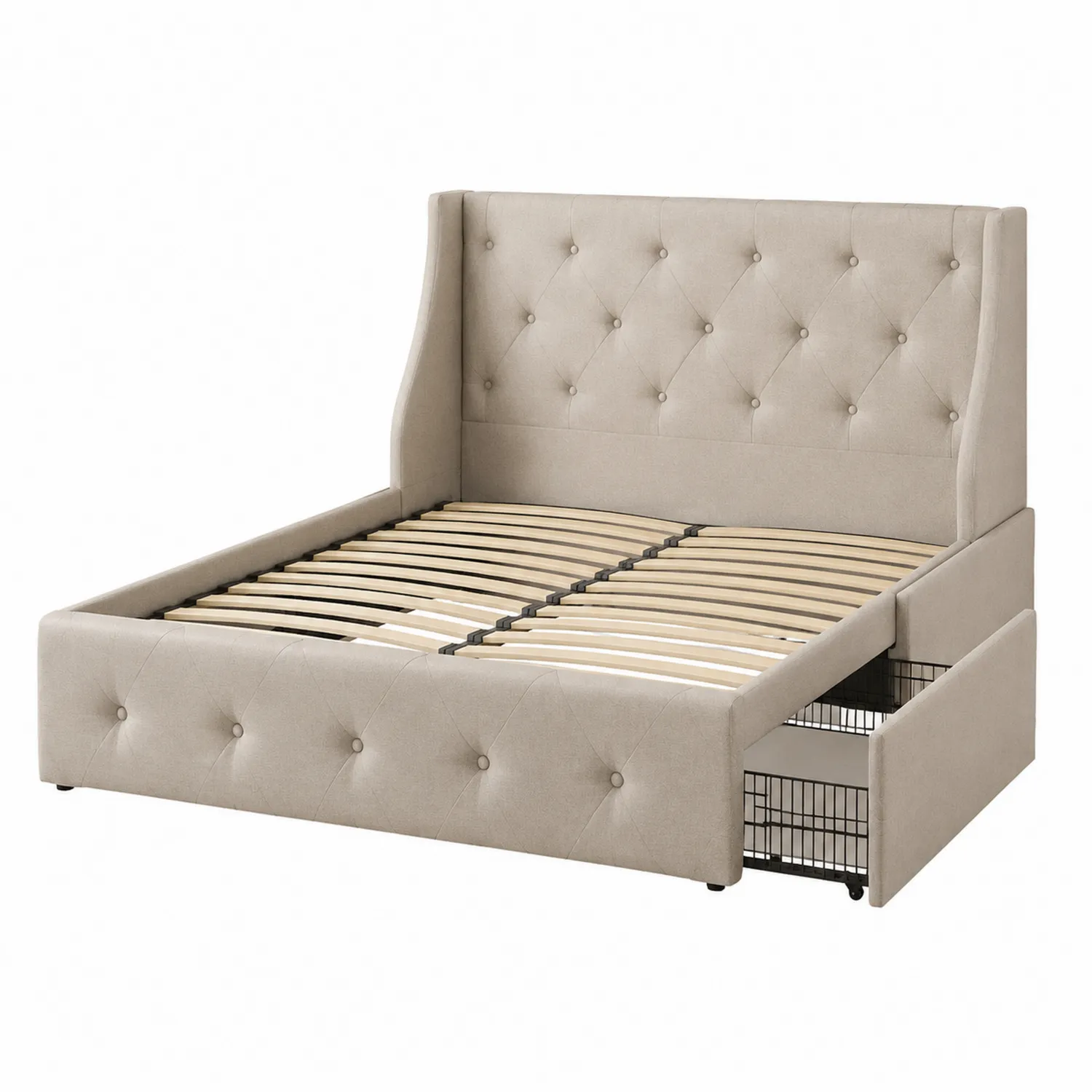 Beiges Polsterbett mit Stauraum aus Leinen und Holz 200x180 cm-Classicvillaa