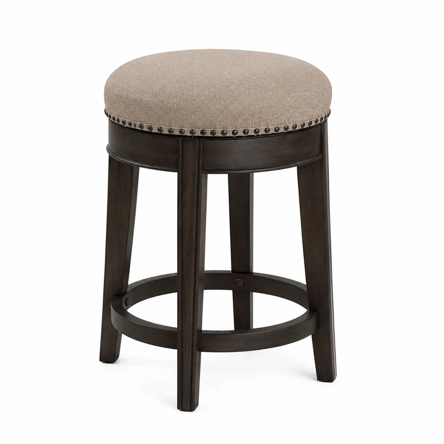 Runder Holz-Barhocker mit beigem Leinenstoff, 75 cm hoch-Classicvillaa