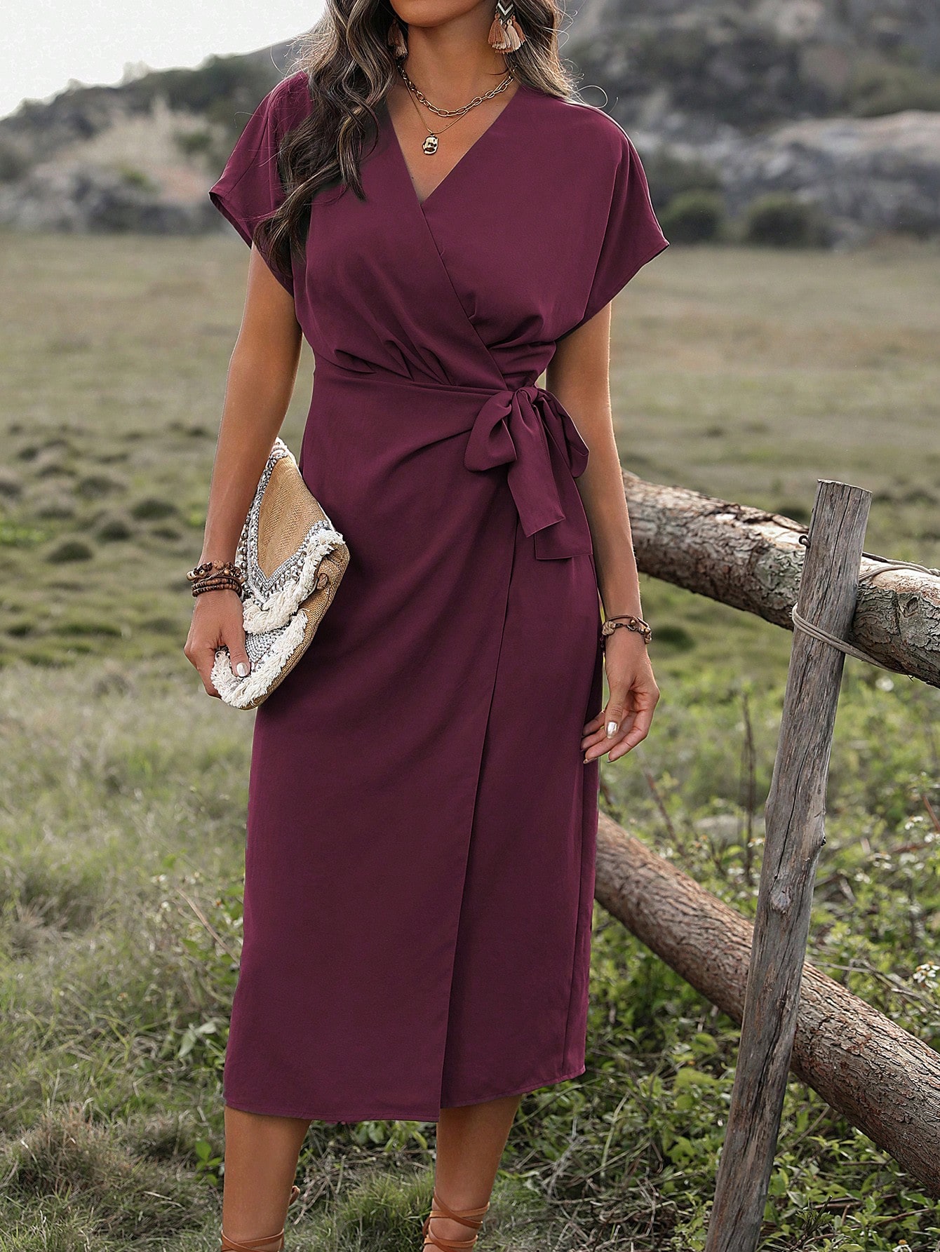 Women Solid Color Wrap Tie Dress