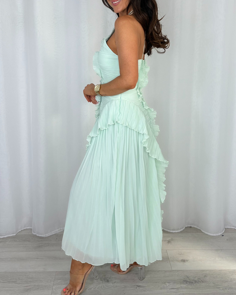Women's Pleated/Ruffle Detail Side Split Maxi Dress