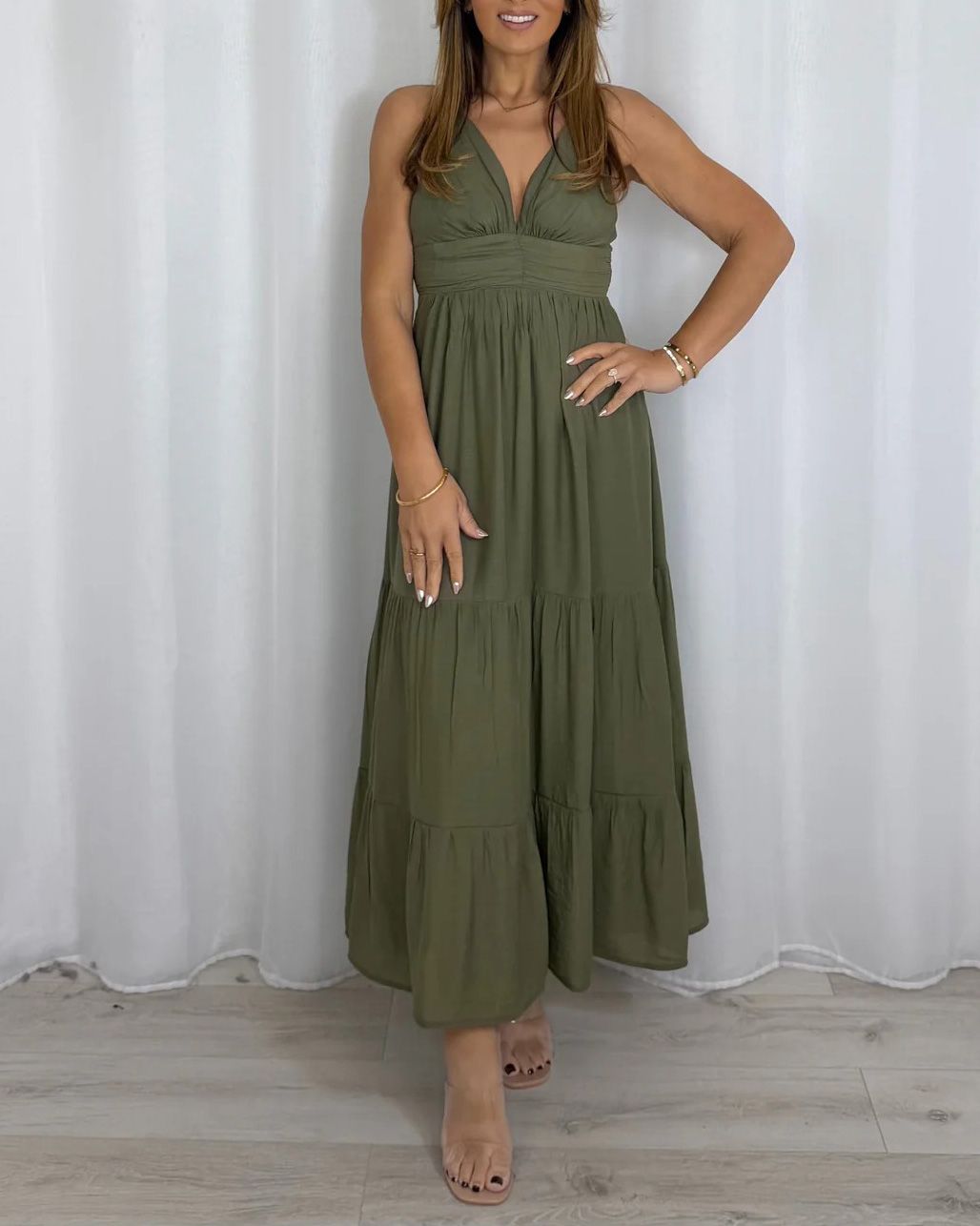 Women's Open Back Tiered Skirt V-Neck Dress (4 Colours)