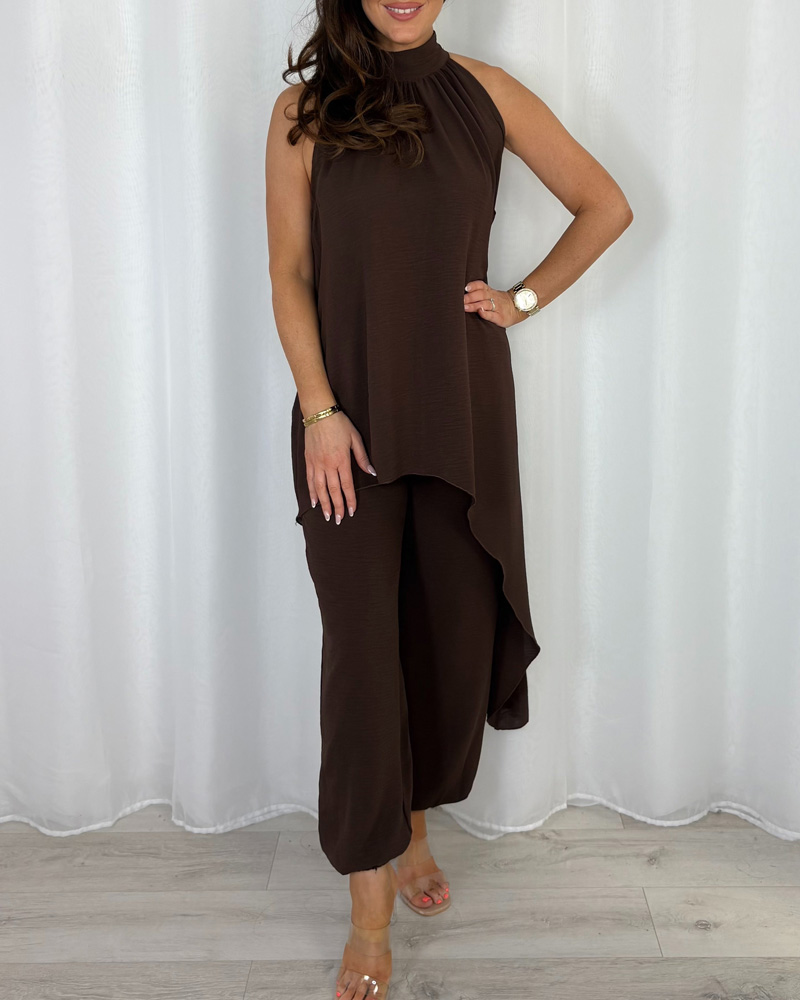 Women's Halter Neck Long Asymmetric Top And Harem Trouser Co-Ord