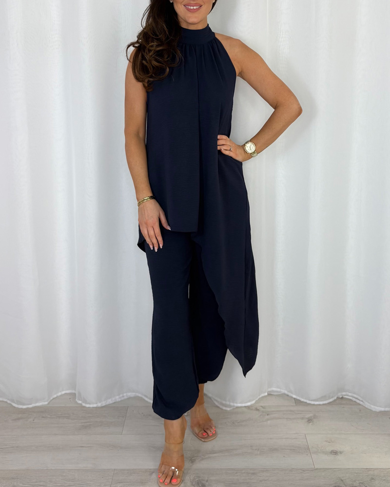 Women's Halter Neck Long Asymmetric Top And Harem Trouser Co-Ord