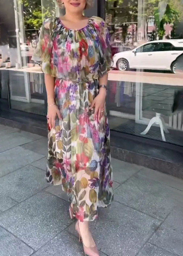 Round Neck Capped Printed Dress