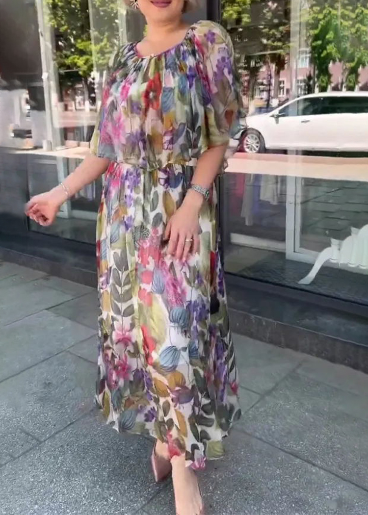 Round Neck Capped Printed Dress