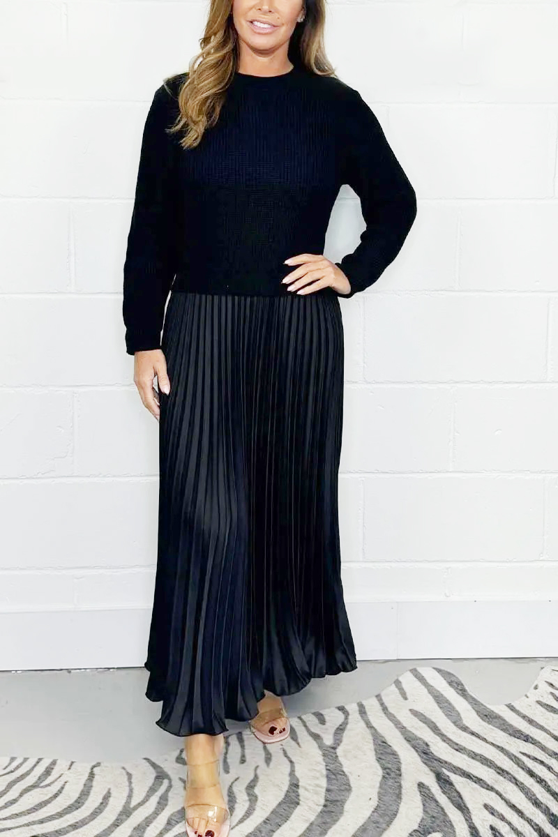 Solid Color Long Sleeve Jumper & Pleated Bottom Dress