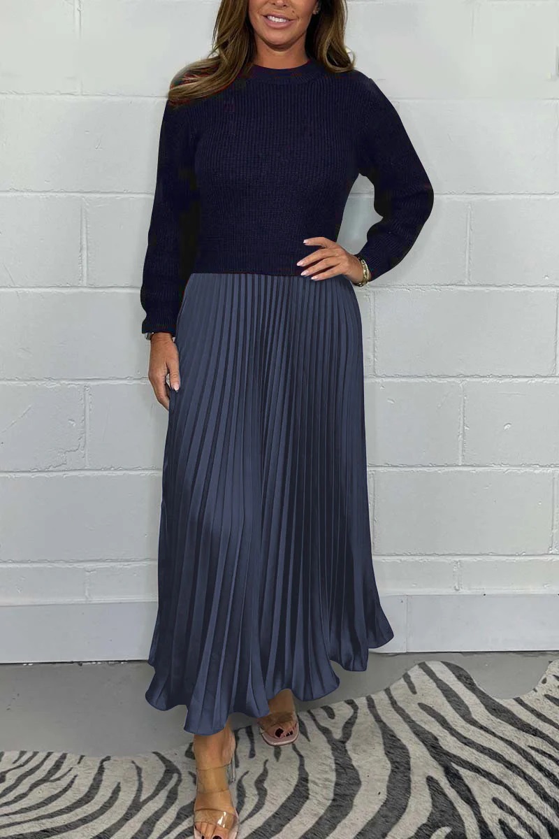 Solid Color Long Sleeve Jumper & Pleated Bottom Dress