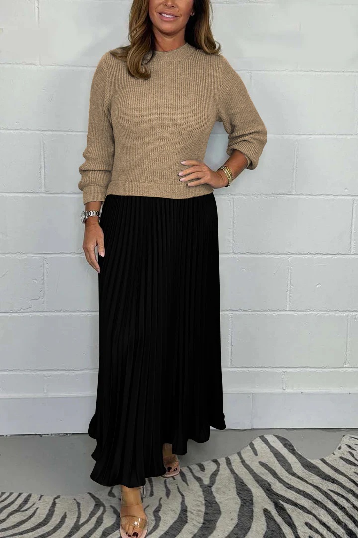 Solid Color Long Sleeve Jumper & Pleated Bottom Dress