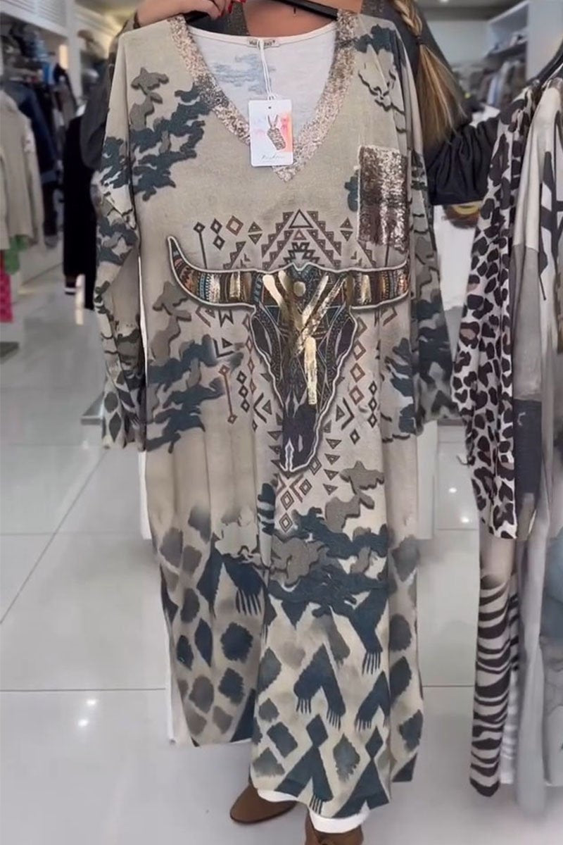 Women's V-neck Long-sleeved Printed Dress