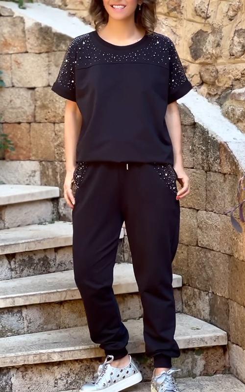 Casual Round Neck Beaded Two-piece Suit
