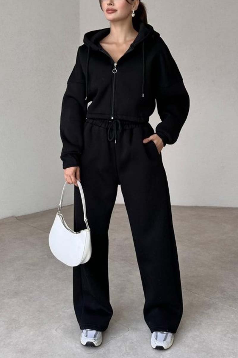 Casual sports zipper hooded sweatshirt jacket and wide-leg pants set