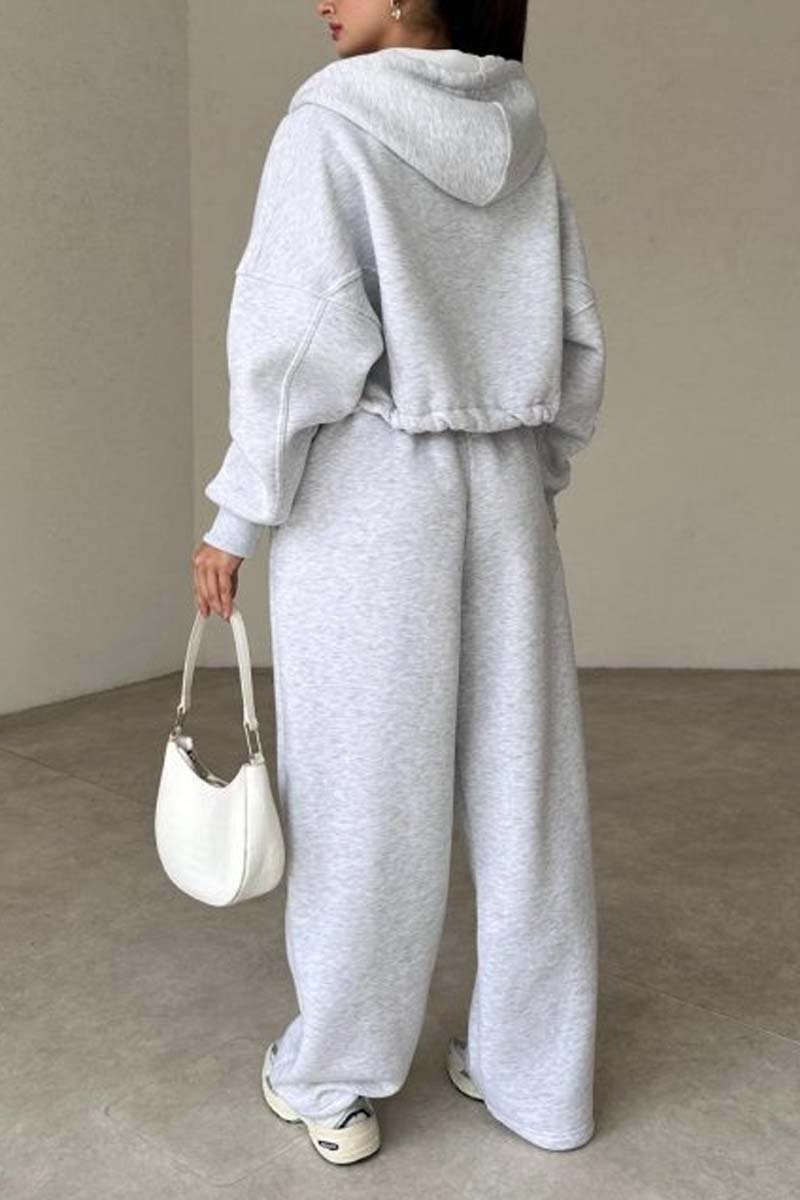 Casual sports zipper hooded sweatshirt jacket and wide-leg pants set