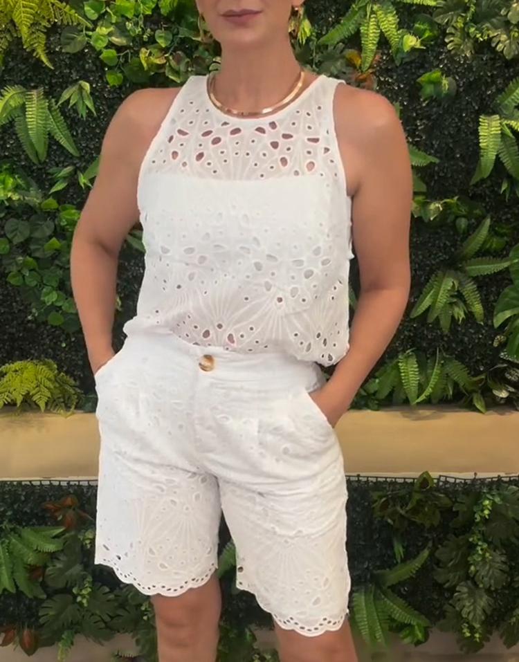 Hollow Design Round Neck Sleeveless Top and Shorts Set