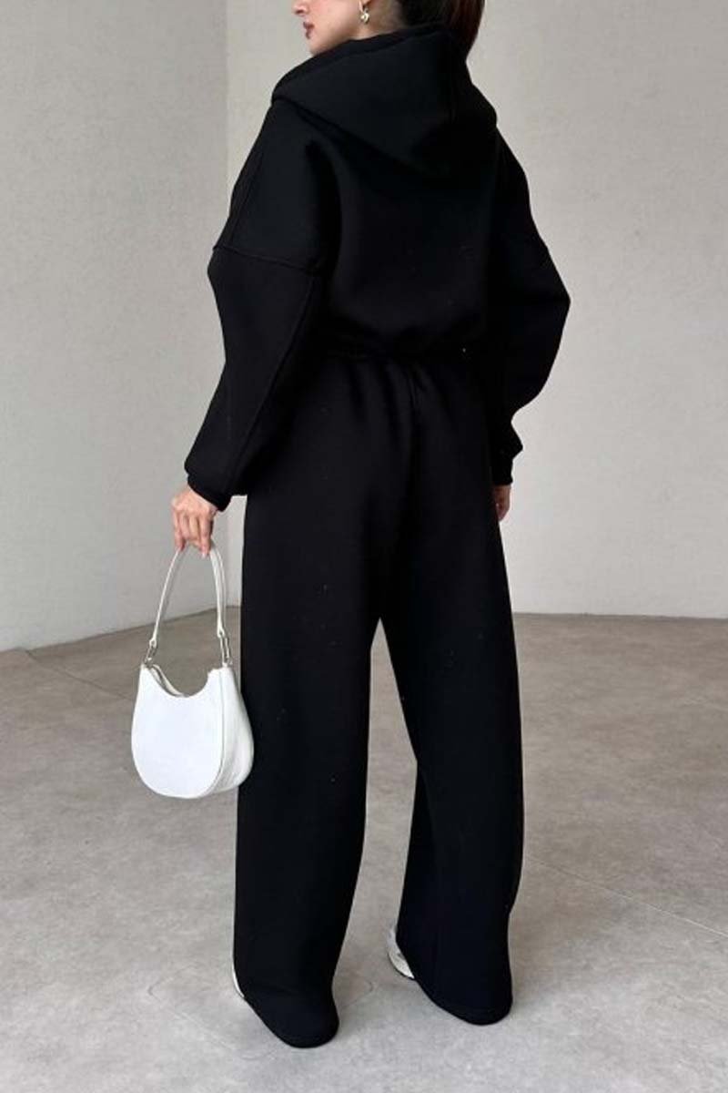 Casual sports zipper hooded sweatshirt jacket and wide-leg pants set
