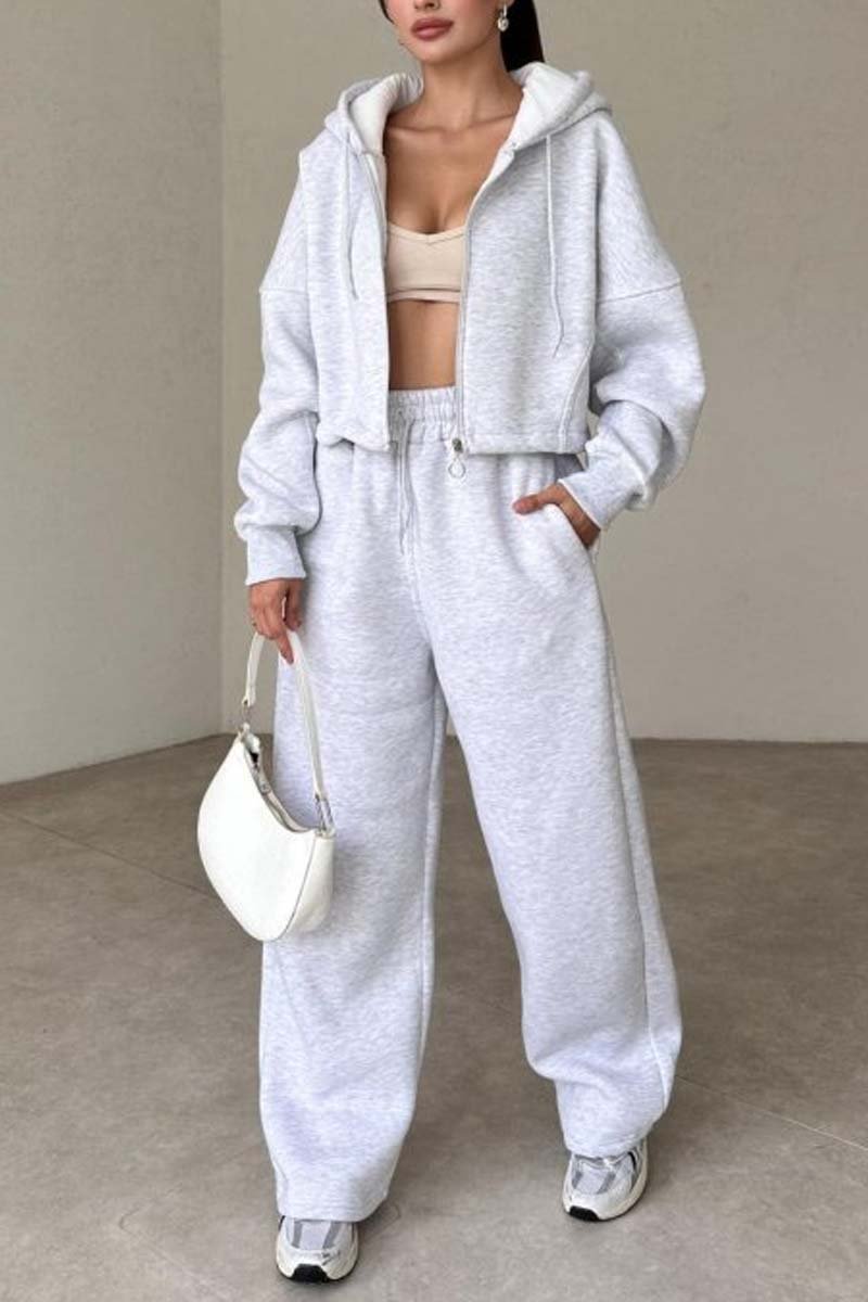 Casual sports zipper hooded sweatshirt jacket and wide-leg pants set