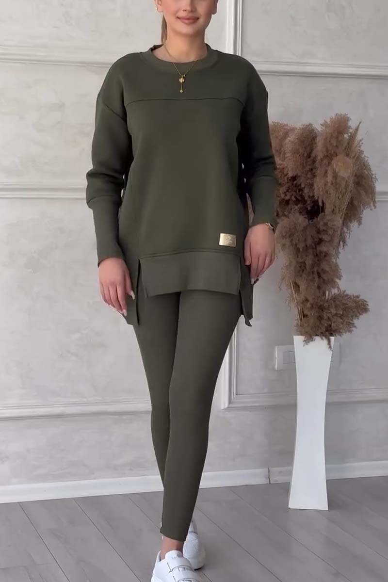 Solid Color Long Sleeve Slit Hem Sweatshirt Leggings Set