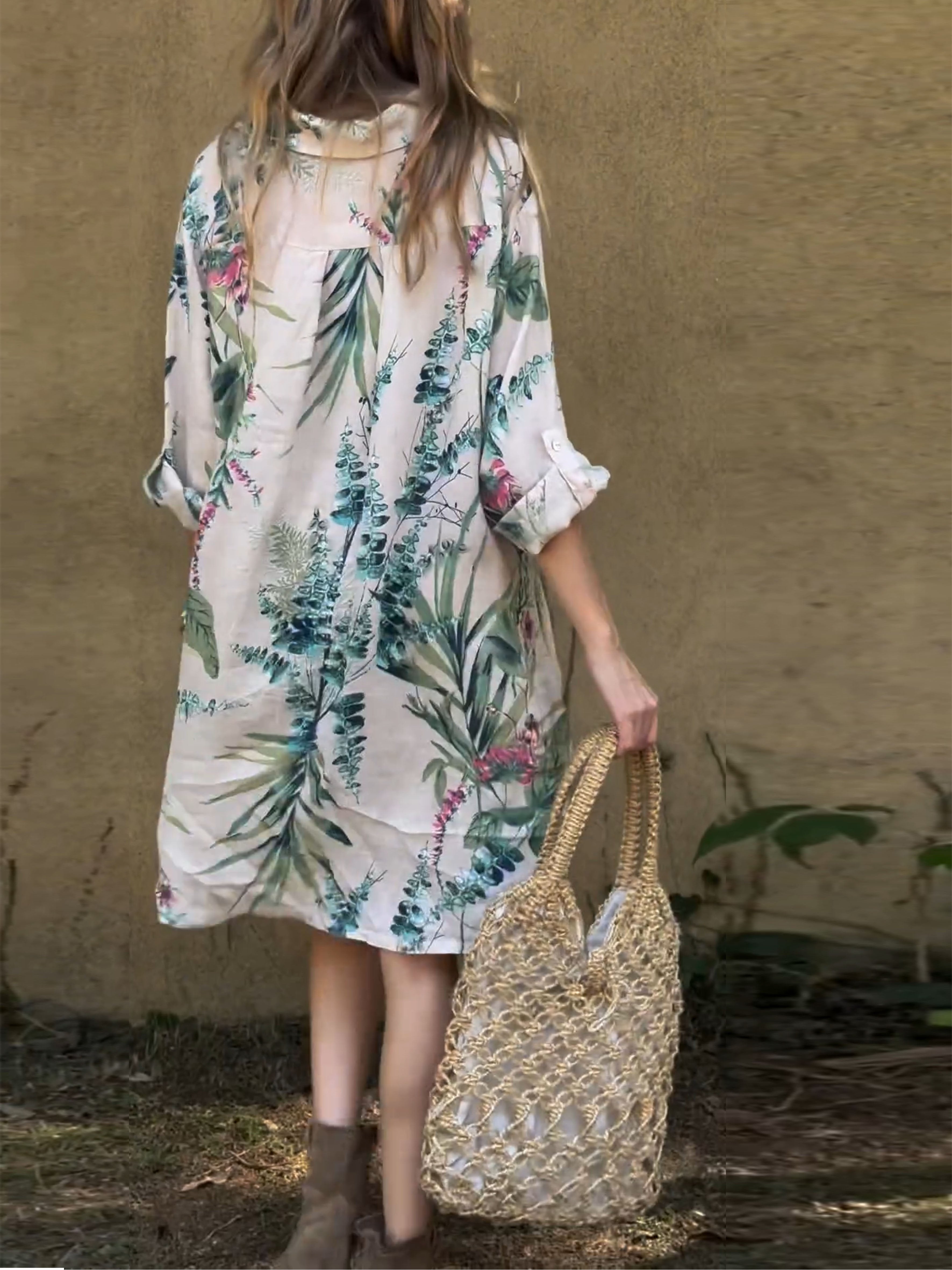 Women's Printed V-neck Cotton and Linen Dress