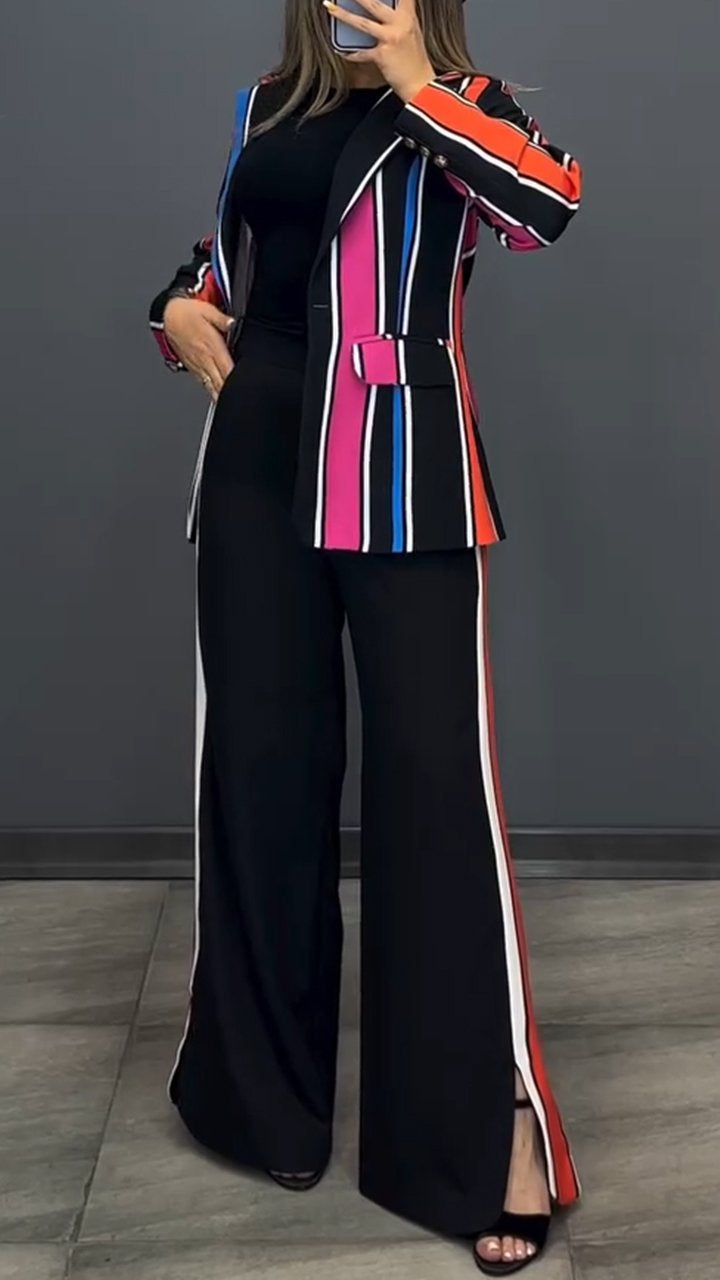 Lapel Long Sleeve Contrast Striped Casual Suit
