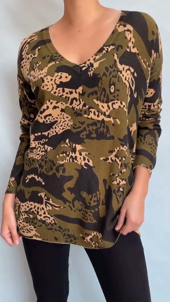 Casual Camouflage Leopard Print Long Sleeve Top