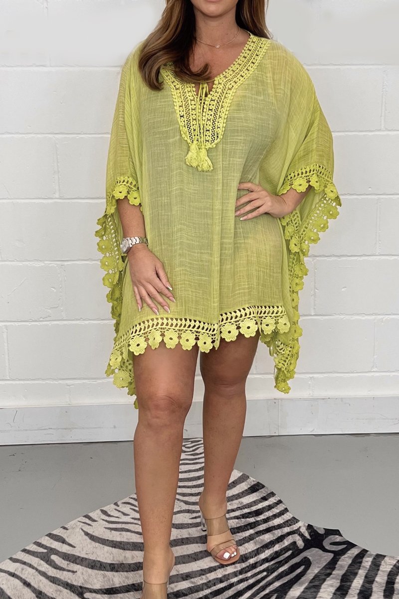 Solid color cotton and linen lace patchwork dress