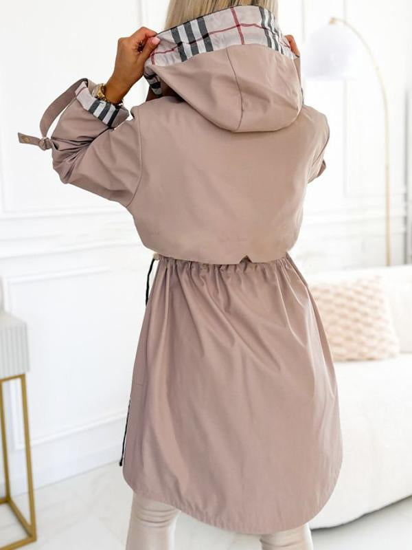 Hooded Zipper Drawstring Plaid Print Casual Long Coat