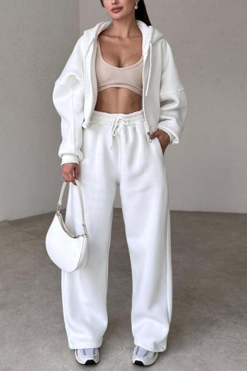 Casual sports zipper hooded sweatshirt jacket and wide-leg pants set