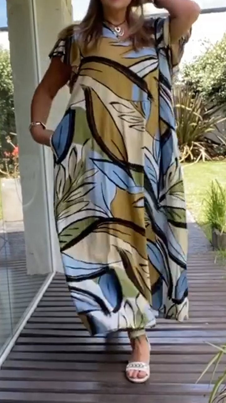 V-neck Casual Resort Printed Long Dress